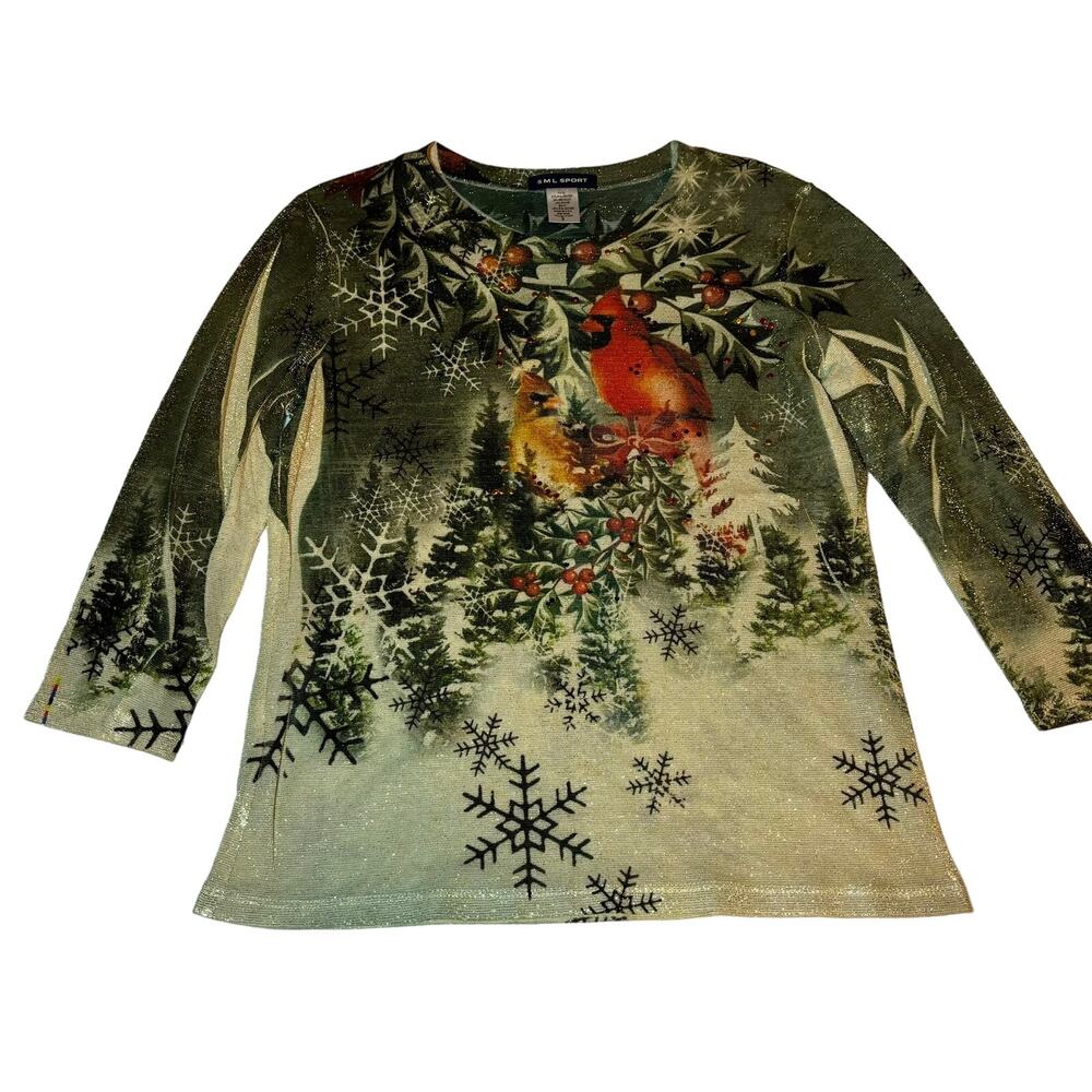 SML Sport Red Cardinal Beaded Chrismas Top Size Small